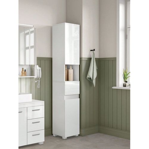 Colonne De Salle De Bain, Avec Tiroir, Étagères Réglables, Compartiments, 30 X 30 X 170 Cm, Blanc