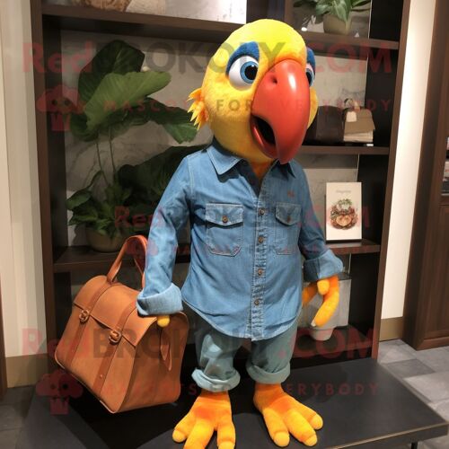 Personnage De Costume De Mascotte Redbrokoly De Perroquet Orange Habillé D'une Chemise En Chambray Et De Sacs À Main