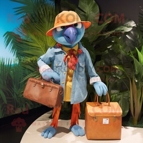 Personnage De Costume De Mascotte Redbrokoly De Perroquet Orange Habillé D'une Chemise En Chambray Et De Sacs À Main