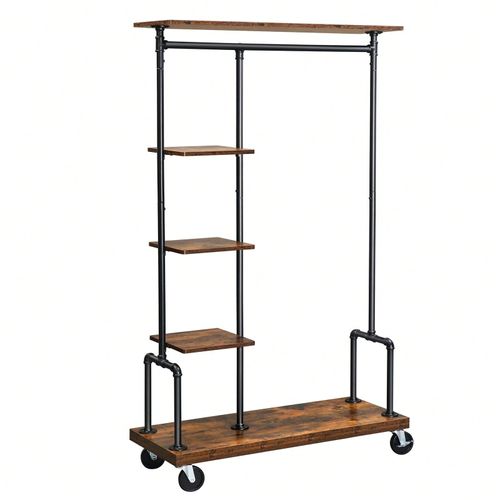 Portemanteau Mobile, Vestiaire sur roulettes, Meuble d'entrée, Portant à vêtements à 5 Niveaux, Structure Métallique, Marron Rustique