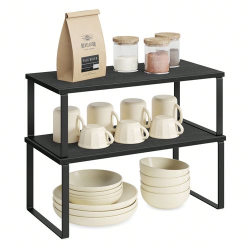 Étagère À Épices, Lot De 2, Organisateur De Placard, Étagère De Rangement De Cuisine Extensible, Métal, Bois D'ingénierie, Noir D'encre Et Noir Boisé