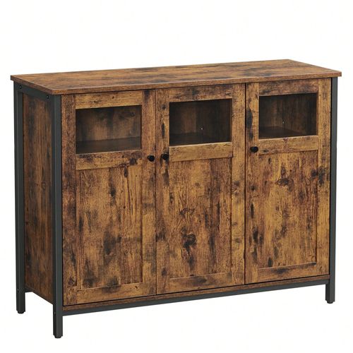 Buffet, Avec Placard 3 Portes, 100 X 35 X 75 Cm, Cadre En Acier, Style Industriel, Marron Rustique Et Noir
