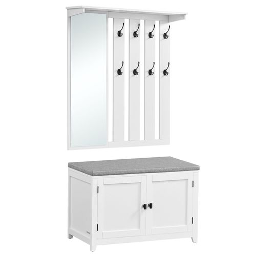 Ensemble Porte-Manteau Avec Banc À Chaussures, Avec Miroir, 8 Crochets Doubles, Banc Avec Étagère Réglable, Largeur De 82 Cm, Blanc Nuage