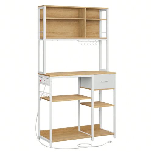 Étagère De Cuisine Avec Multiprise, Avec Étagères Réglables, Tiroir En Tissu, 12 Crochets, 40 X 100 X 180,4 Cm, Marron Rustique Et Noir D'encre