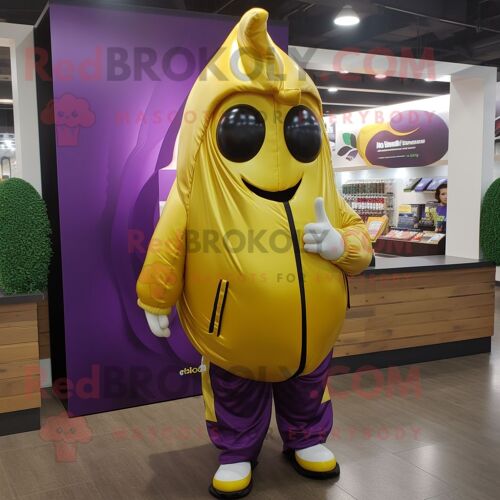 Personnage De Costume De Mascotte Redbrokoly D'aubergine Dorée Habillé D'un Coupe-Vent Et De Cravates