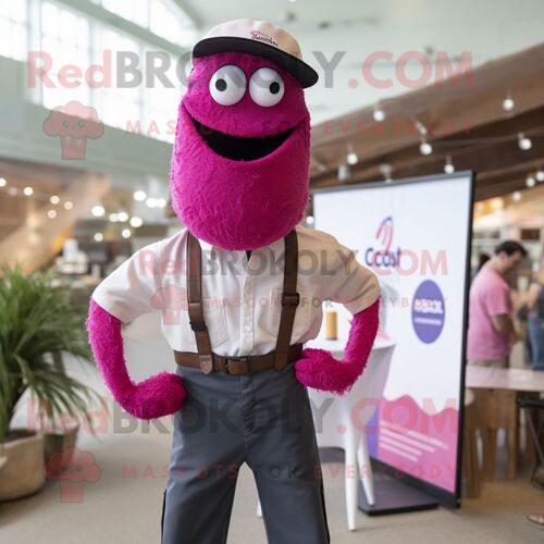 Personnage De Costume De Mascotte Redbrokoly Magenta Shrimp Scampi Habillé D'une Chemise Boutonnée Et De Bretelles