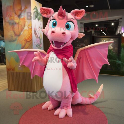 Personnage De Costume De Mascotte Redbrokoly De Dragon Rose Habillé D'un Chemisier Et De Châles
