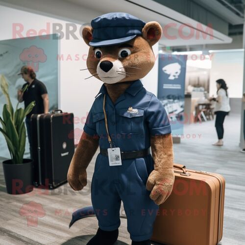 Costume De Mascotte Redbrokoly Jaguarundi De La Marine Personnage Habillé D'une Salopette Et De Mallettes