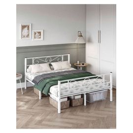 Lit Double 190 X 140 Cm, En Métal, Pour Petits Espaces, Chambre D'amis, Chambre Ado, Blanc