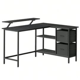 Bureau En Forme De L Avec 2 Tiroirs Spacieux, Bureau Gaming Avec Support Pour Écran, Bureau D'angle, Étagère Réglable, Pour Bureau, Noir Boisé
