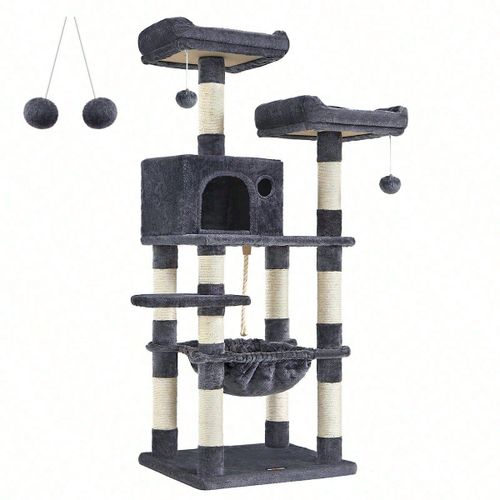 Arbre À Chat Hauteur 143 Cm, Avec 11 Poteaux À Griffer, 2 Plateformes, 1 Niche, 1 Hamac, 2 Pompons, Gris Fumé