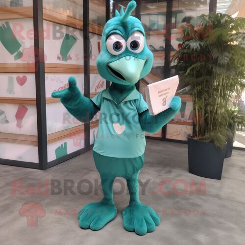 Personnage De Costume De Mascotte Redbrokoly Teal Love Letter Habillé D'un T-Shirt À Col En V Et De Pochettes