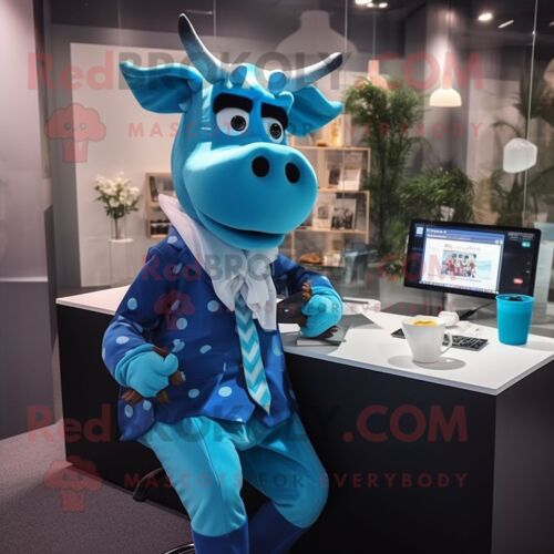 Personnage De Costume De Mascotte Redbrokoly De Vache Bleue Habillé D'un Costume Et D'écharpes