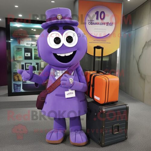 Personnage De Costume De Mascotte Redbrokoly D'appareil Photo Violet Habillé D'un T-Shirt Polo Et De Porte-Documents