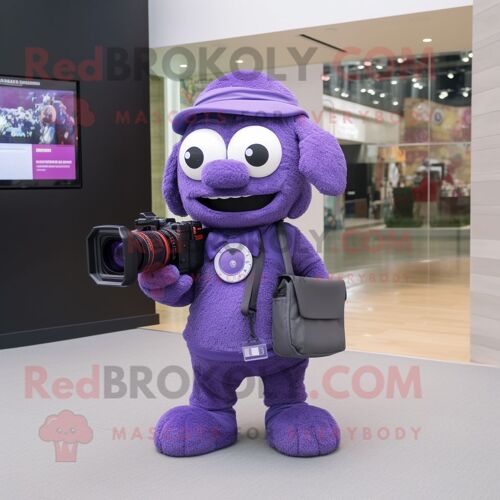 Personnage De Costume De Mascotte Redbrokoly D'appareil Photo Violet Habillé D'un T-Shirt Polo Et De Porte-Documents