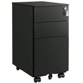 Caisson de bureau Metal, Caisson de rangement Mobile, avec roulettes et Serrure, Noir