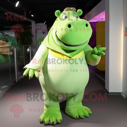 Personnage De Costume De Mascotte Redbrokoly D'hippopotame Vert Citron Vêtu D'un Pantalon De Costume Et De Coussinets Pour Les Pieds