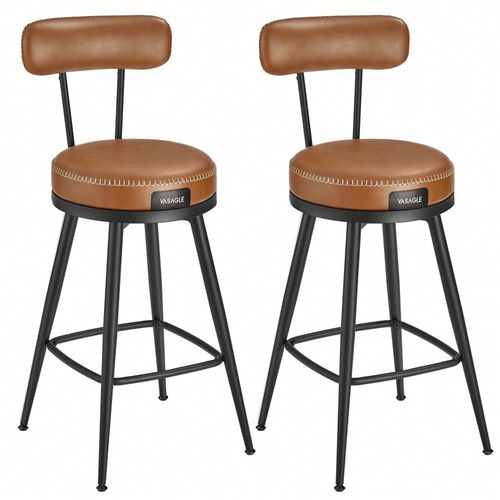 Tabouret De Bar, Lot De 2, Siège Rembourré, Pu Avec Coutures, Style Moderne Mi-Siècle, Hauteur 65 Cm, Marron Caramel