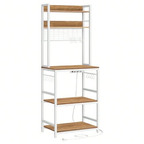 Étagère De Cuisine Avec Multiprise, Avec Panneau Grillagé, 14 Crochets, 40 X 60 X 170 Cm, Noisette Clair Et Blanc
