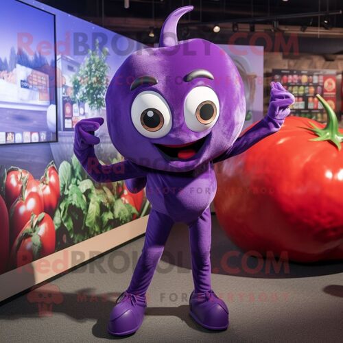 Personnage De Costume De Mascotte Redbrokoly De Tomate Violette Habillé D'un Legging Et De Colliers