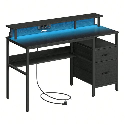 Bureau Gaming avec lumières LED et Multiprise, avec support d'écran, 2 Tiroirs, 2 Ports USB, Noir