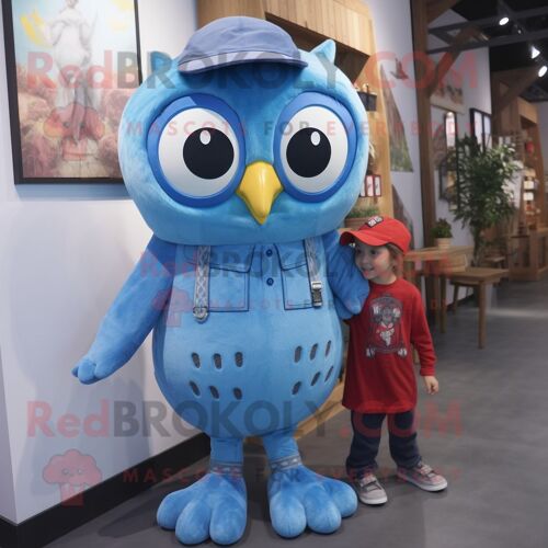 Personnage De Costume De Mascotte Redbrokoly Blue Owl Habillé Avec Une Salopette Et Des Montres