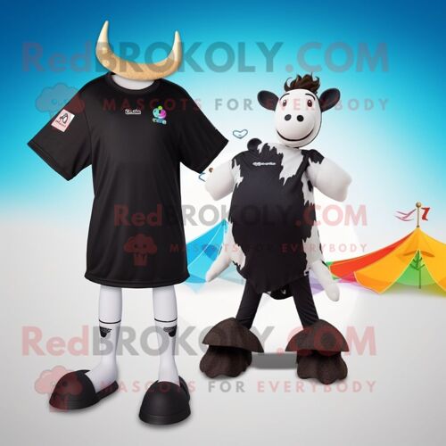 Personnage De Costume De Mascotte Redbrokoly De Vache Jersey Noire Habillé D'un Maillot De Bain Une Pièce Et De Bracelets De Cheville