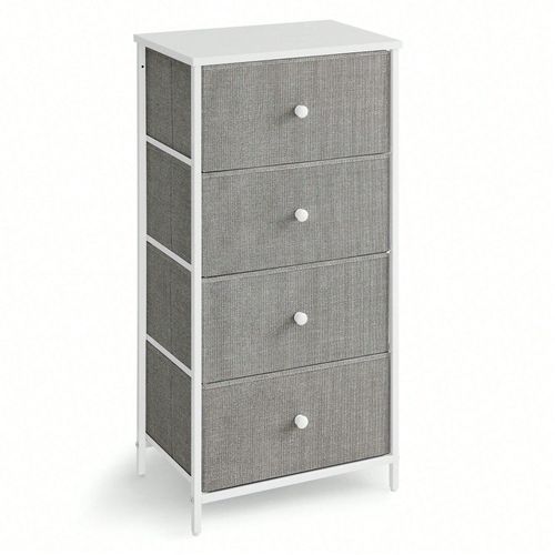 Commode, Meuble De Rangement Pour Chambre, Colonne De Rangement En Tissu Avec 4 Tiroirs, Cadre En Métal, Gris Clair Et Blanc