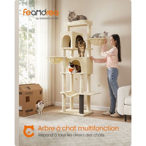 Grand Arbre À Chat, Tour À Chat De 190,7 Cm De Haut, Avec 2 Niches, 2 Paniers, 5 Griffoirs, Toilettage Autonome, Perchoir, Hamac, Beige Sable