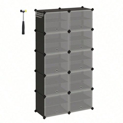 Meuble à Chaussures avec 10 Compartiments, Étagère Modulable en Plastique, avec Porte, Maillet, Rangement, Gris