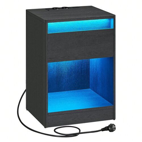 Table de nuit avec multiprise, Table d'appoint avec lumières LED Réglables, Table de chevet avec tiroir, 2 Prises Électriques, 2 Ports USB, Noir