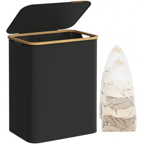 Panier à linge Mince avec couvercle, 90L, Doublure en maille Amovible, Poignées en bambou, Pliable, 42 x 32 x 70,5 cm, Noir d'encre