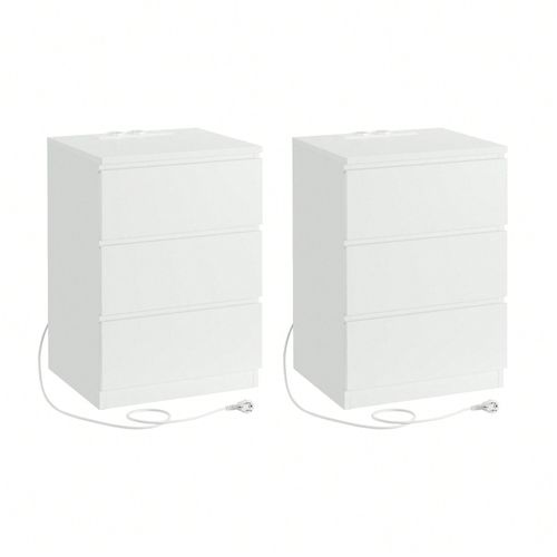 Table De Chevet Avec Multiprise, Lot De 2, Table D'appoint Avec 3 Tiroirs, 2 Prises Ca, 2 Ports Usb, Blanc Nuage