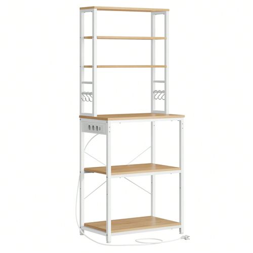 Étagère De Cuisine Avec Multiprise, 6 Étagères, 6 Crochets, Cadre En Acier, 40 X 60 X 167 Cm, Chêne Doré Et Blanc Nuage