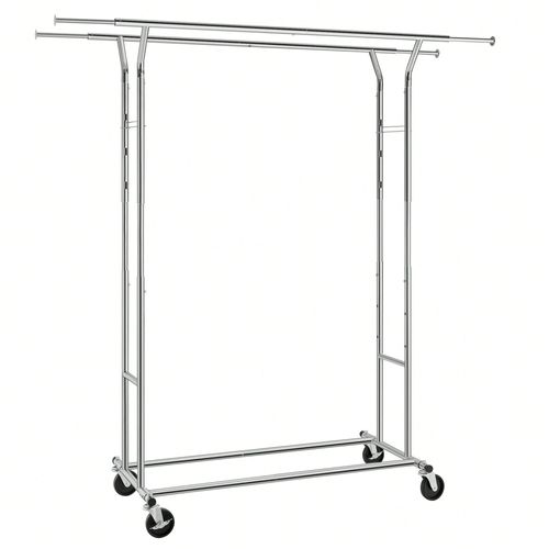 Portant À Vêtements, Penderie Métallique, Charge Max,110 Kg, Double Barres Extensibles, Hauteur Réglable, Mobile, Avec Roulettes, Mètal Chromé