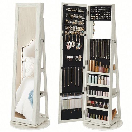 Armoire à bijoux pivotante sur pieds, Meuble de rangement 3-en-1 pour cosmétiques, avec miroirs, étagères, serrure, Blanc Boisé