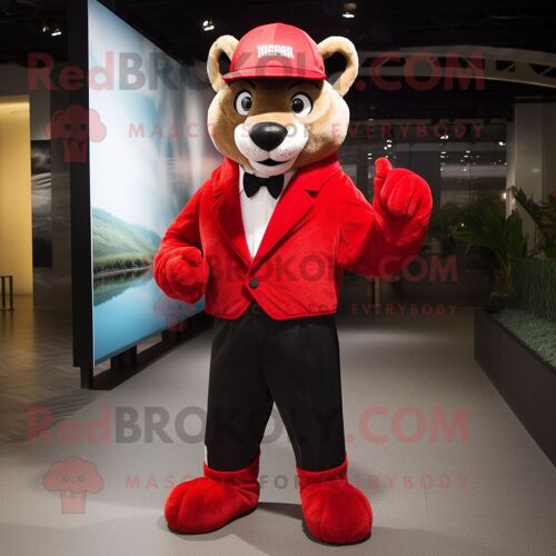 Personnage De Costume De Mascotte Redbrokoly Puma Rouge Habillé D'un Smoking Et De Casquettes