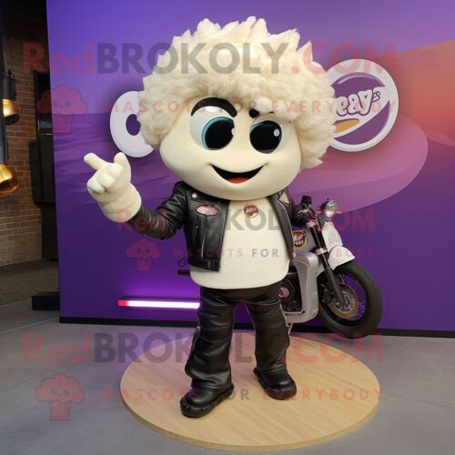 Personnage De Costume De Mascotte Redbrokoly De Prune Crème Habillé D'une Veste De Motard Et De Bracelets De Cheville