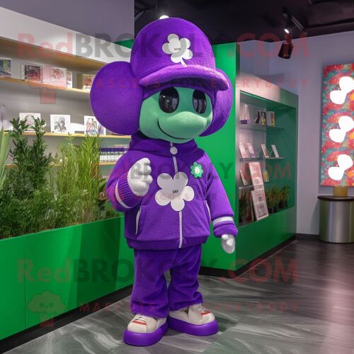 Personnage De Costume De Mascotte Redbrokoly De Trèfle À Quatre Feuilles Violet Habillé D'un Sweat-Shirt Et De Bérets