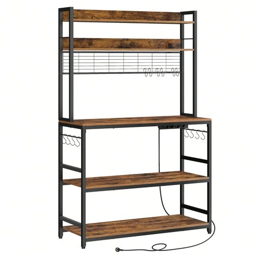 Étagère De Cuisine Avec Multiprise, Support Pour Micro-Ondes, Avec Panneau Grillagé, 14 Crochets, 40 X 100 X 170 Cm, Marron Rustique Et Noir