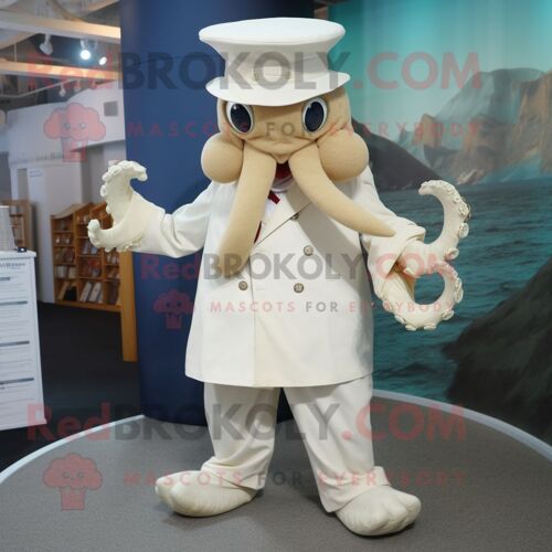 Personnage De Costume De Mascotte Redbrokoly De Kraken Crème Habillé D'une Chemise De Ville Et De Bérets