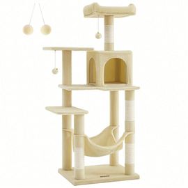 Arbre À Chat Hauteur 143 Cm, Avec 4 Poteaux À Griffer, 2 Plateformes, 1 Niche, 1 Hamac, 2 Pompons, En Tissu Peluche, Multi-Niveaux, Beige
