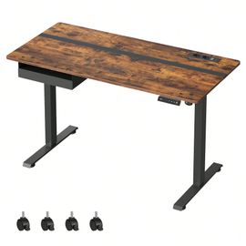 Bureau Réglable En Hauteur Électrique, Bureau 60 X 140 Cm, Réglable En Continu, Fonction Mémoire 4 Hauteurs, Vintage Brun-Noir