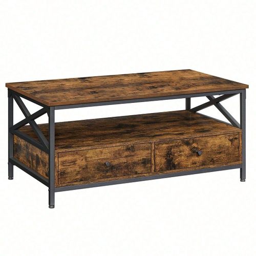 Table Basse, Avec 2 Tiroirs, Cadre En Acier En Forme De X, 100 X 55 X 45 Cm, Marron Rustique Et Noir