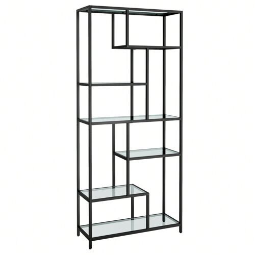 Bibliothèque, 6 Niveaux, 30 x 80 x 180 cm, Verre Trempé, pour bureau, Salon, Chambre, Cuisine, Noir Pur