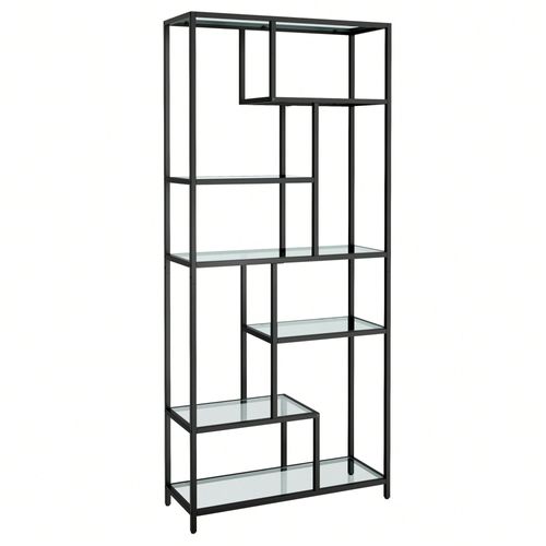 Bibliothèque, 6 Niveaux, 30 X 80 X 180 Cm, Verre Trempé, Pour Bureau, Salon, Chambre, Cuisine, Noir Pur