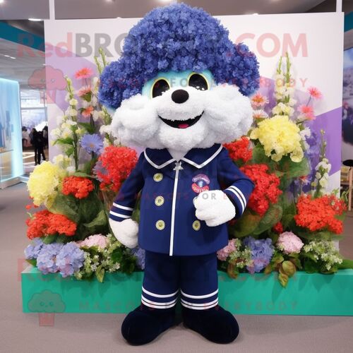 Personnage De Costume De Mascotte Redbrokoly De Bouquet De Fleurs Bleu Marine Habillé D'un Coupe-Vent Et De Boutons De Manchette