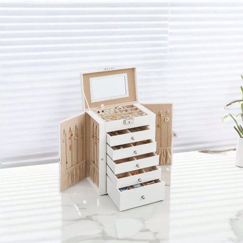 Boîte à bijoux, Grand, 6 Niveaux avec ailes, tiroirs, Miroir et Fermoir, Blanc