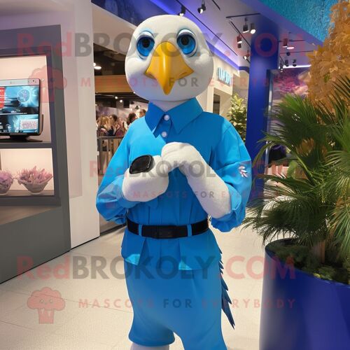 Personnage De Costume De Mascotte Redbrokoly D'albatros Bleu Habillé D'une Jupe Crayon Et De Montres Connectées