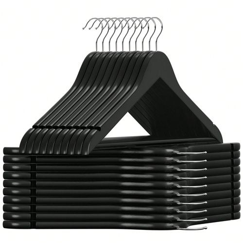 Cintre Bois, Lot de 20, avec encoches Antiglisse, Barre Antiglisse pour pantalons, Crochet Pivotant 360°, Noir et Argent